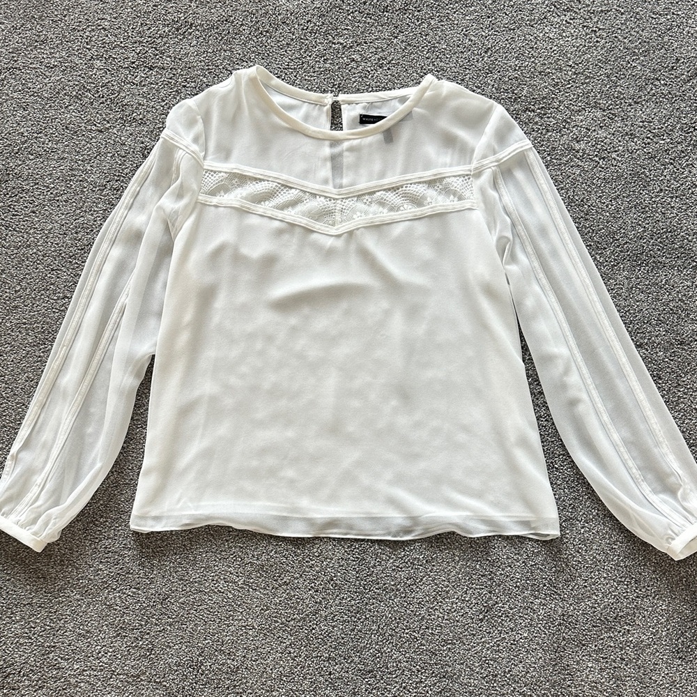 White House Black Market Sheer White Blouse with Lace Accents